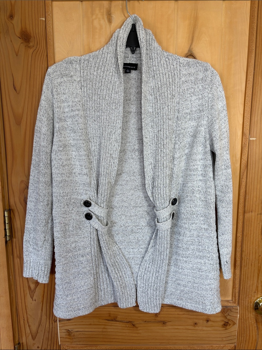 Fortune + Ivy  Heather Gray Shawl-Collar Button-Tab Cardigan